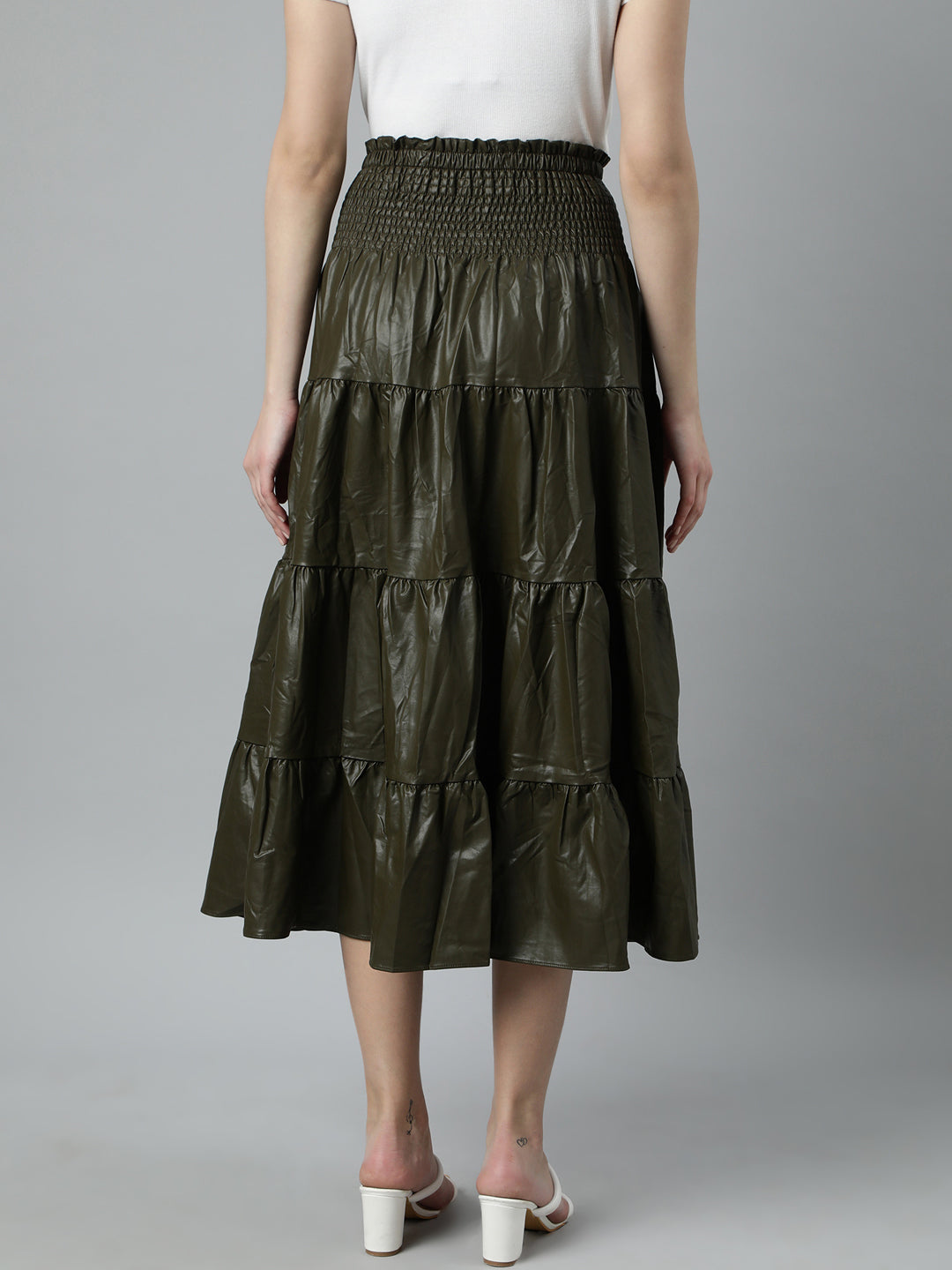 Women's Olive Tiered Monochrome Midi Skirts