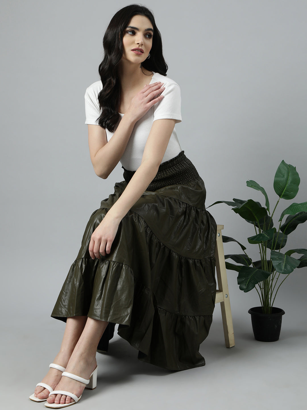 Women's Olive Tiered Monochrome Midi Skirts