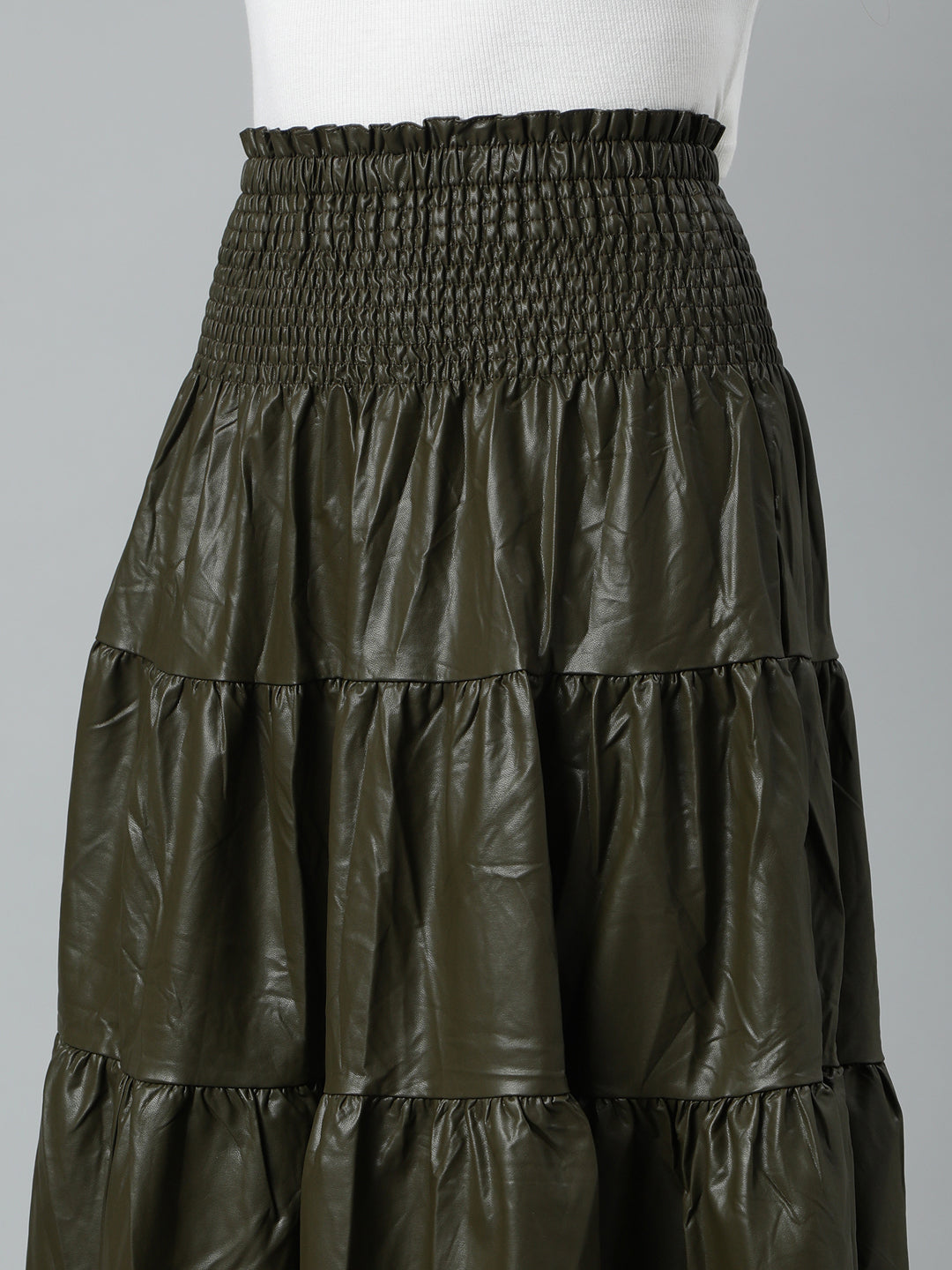Women's Olive Tiered Monochrome Midi Skirts