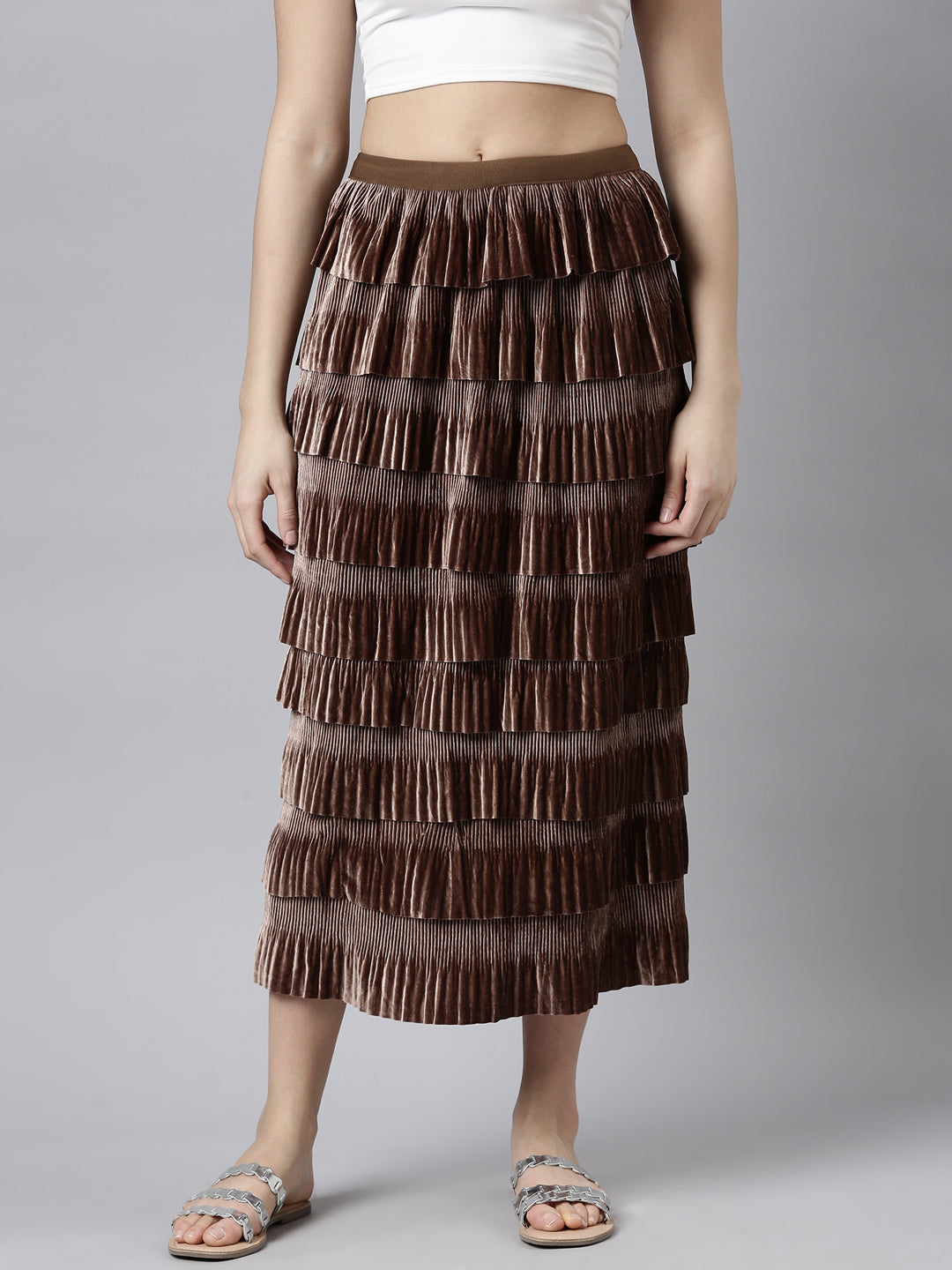 Women's Brown Self-Design Tiered Midi Skirt