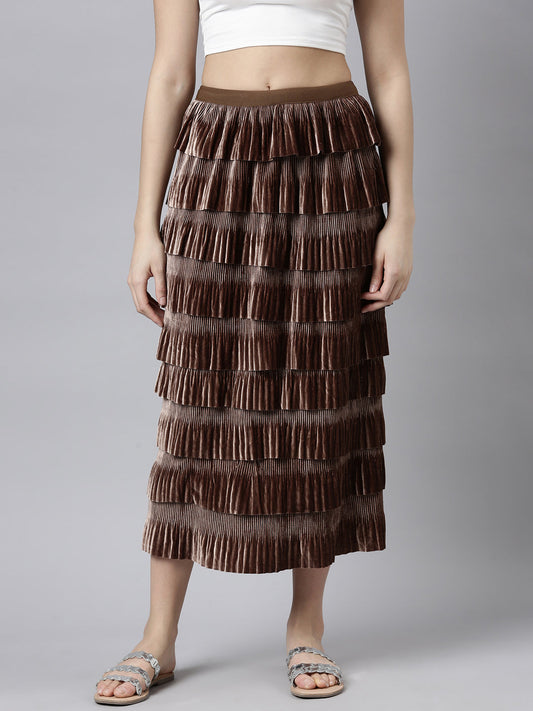 Women's Brown Self-Design Tiered Midi Skirt
