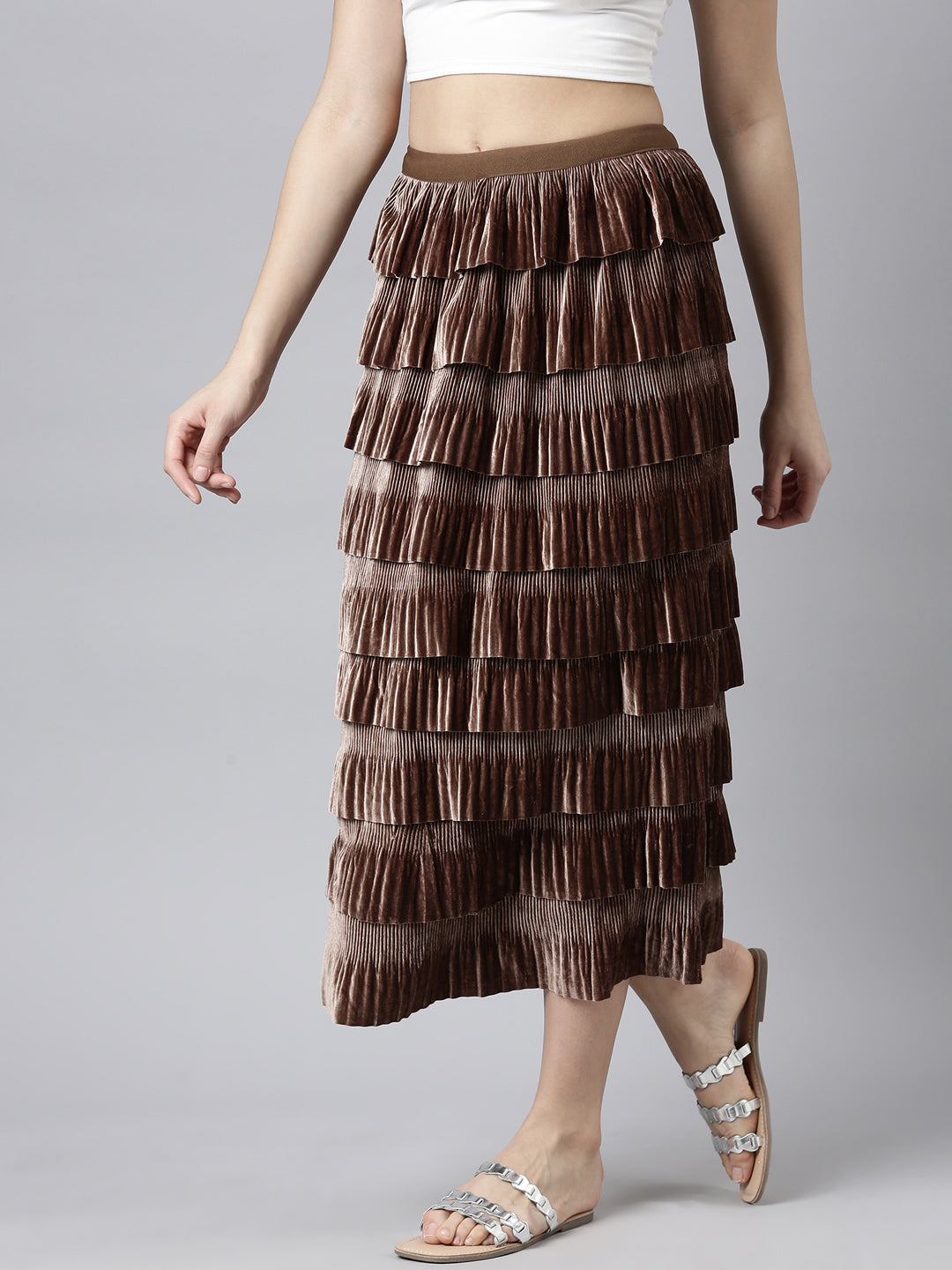 Women's Brown Self-Design Tiered Midi Skirt