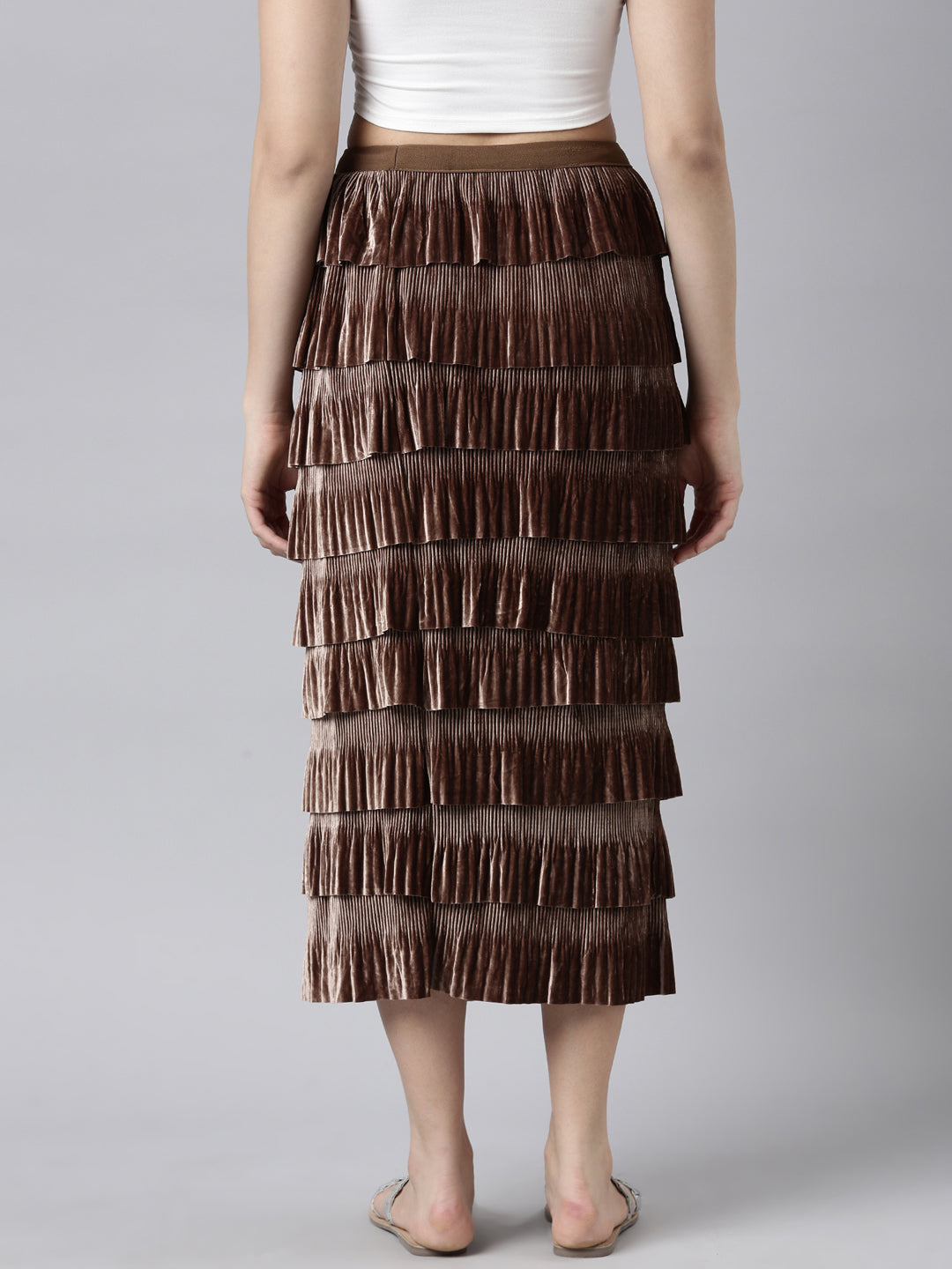 Women's Brown Self-Design Tiered Midi Skirt