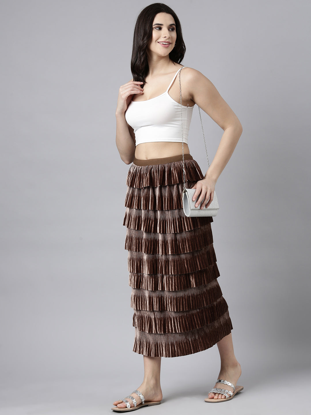 Women's Brown Self-Design Tiered Midi Skirt