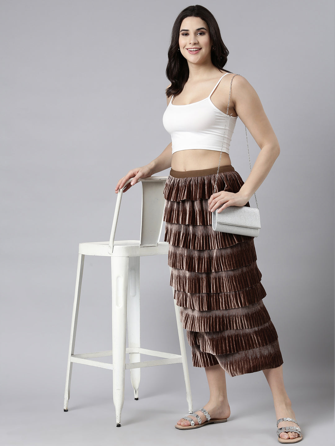 Women's Brown Self-Design Tiered Midi Skirt