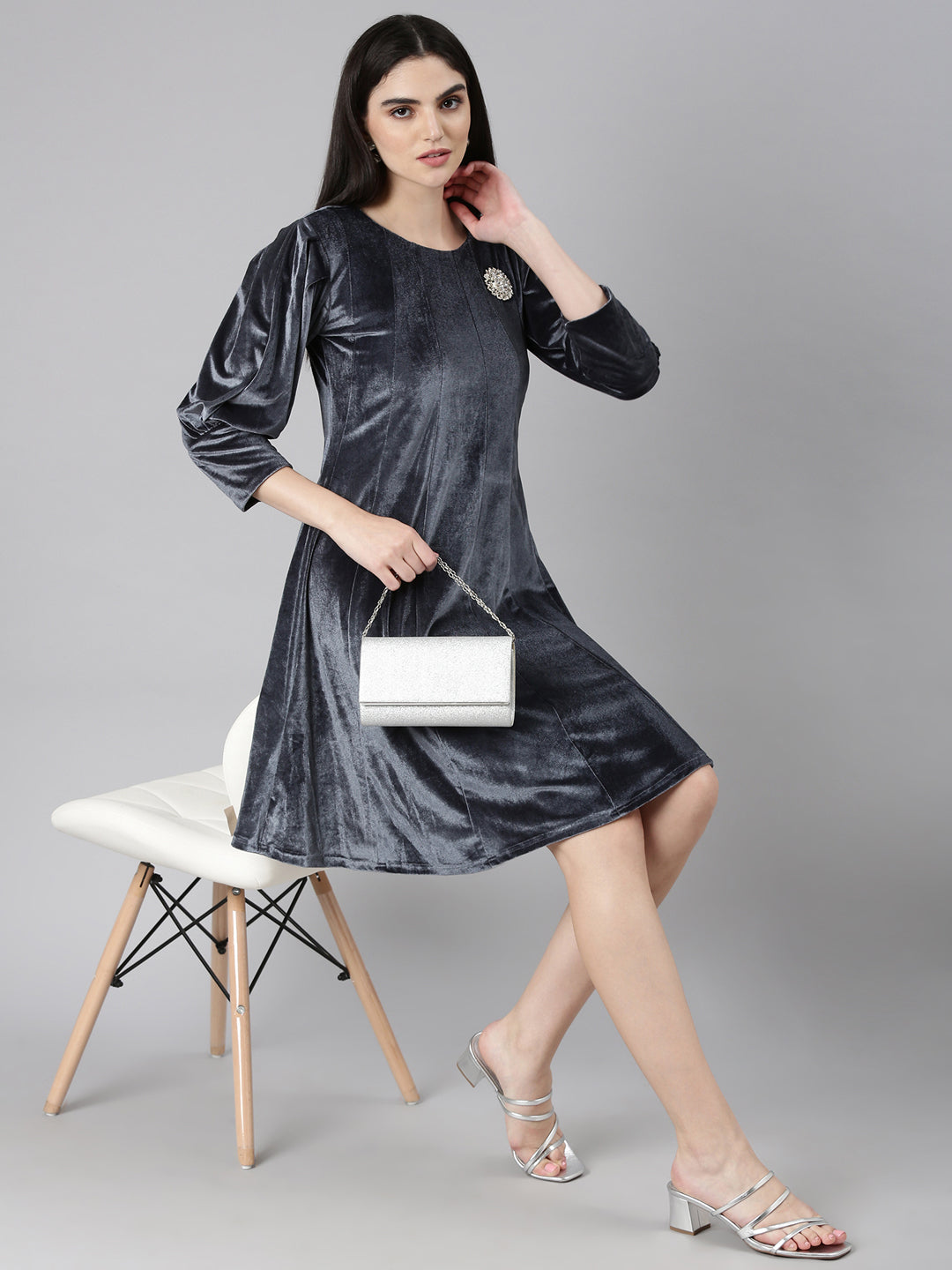 Women's Grey Cuffed Sleeves A-Line Dress
