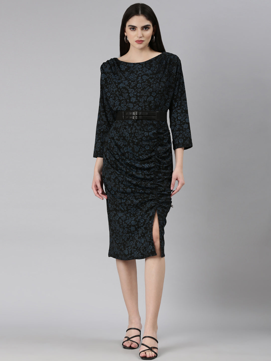 Women's Black Floral Printed Belted Sheath Dress