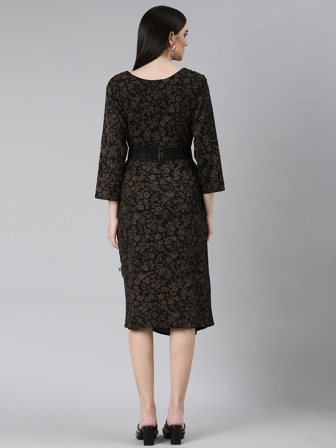 Women's Black Floral Printed A-Line Midi Dress
