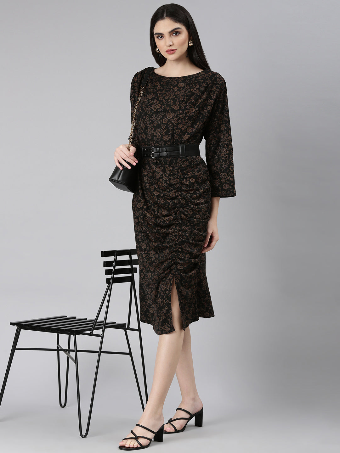 Women's Black Floral Printed A-Line Midi Dress