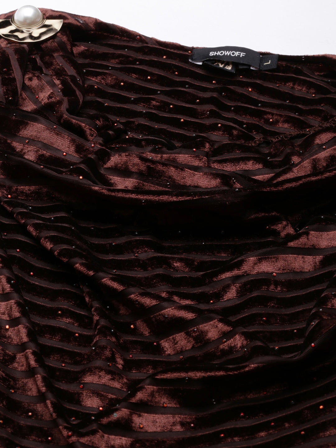 Women's Brown Self Design Cowl Neck Velvet A-Line Dress