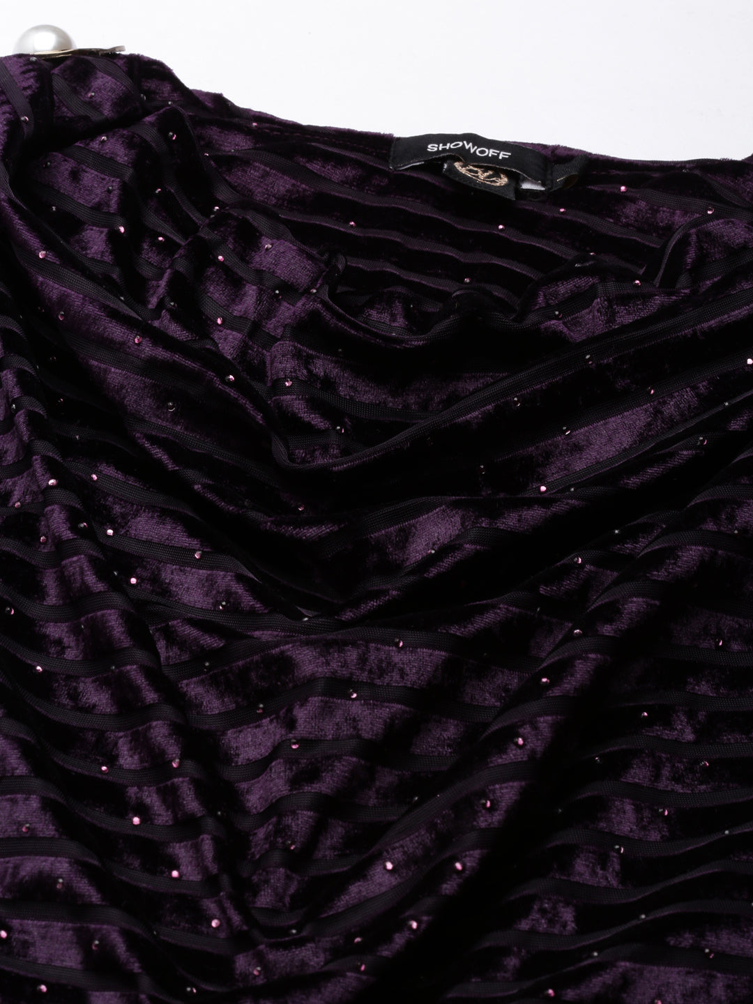 Women's Purple Cowl Neck Embellished Cuffed Sleeves A-Line Dress