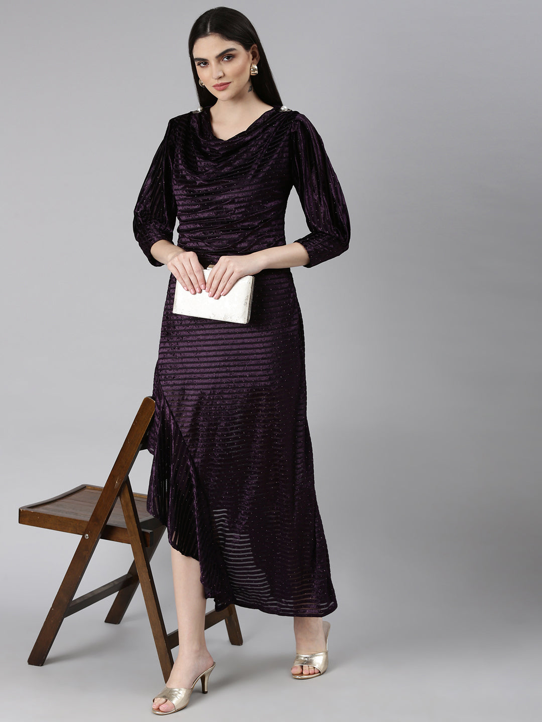 Women's Purple Cowl Neck Embellished Cuffed Sleeves A-Line Dress