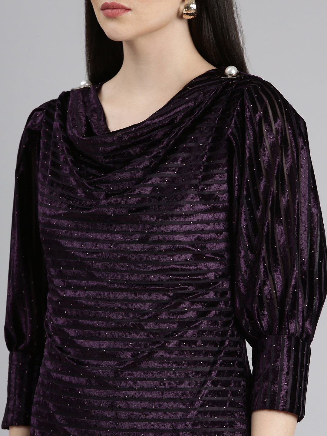 Women's Purple Cowl Neck Embellished Cuffed Sleeves A-Line Dress