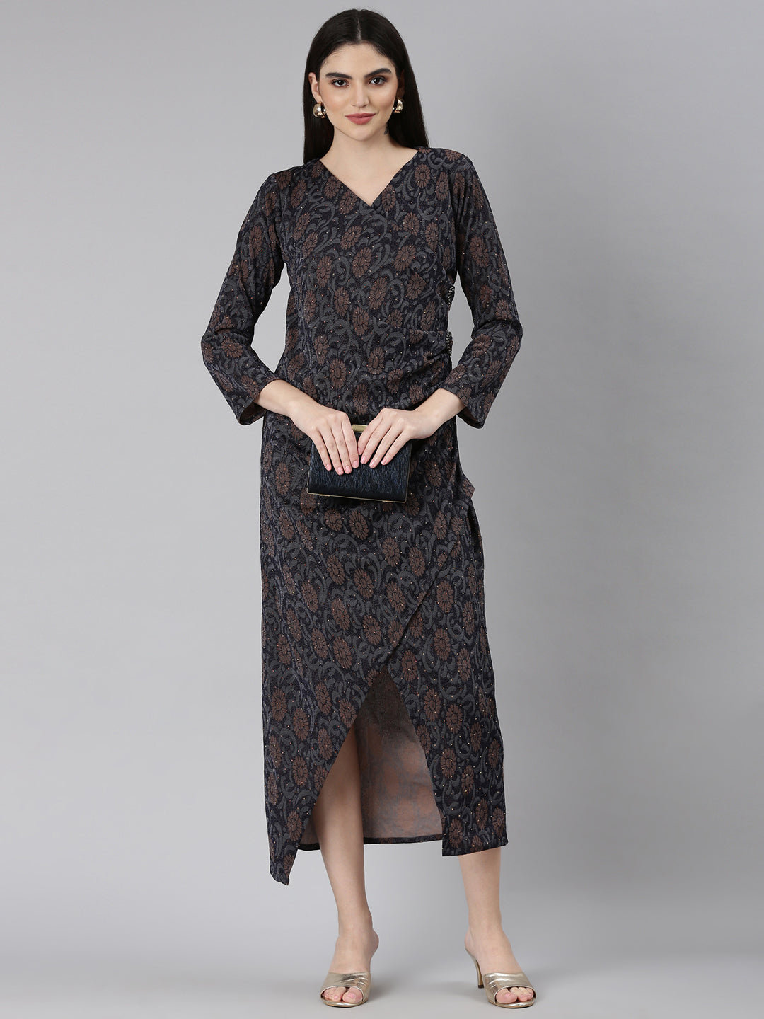 Women's Navy Blue Ethnic Motifs Print Bell Sleeves Dress