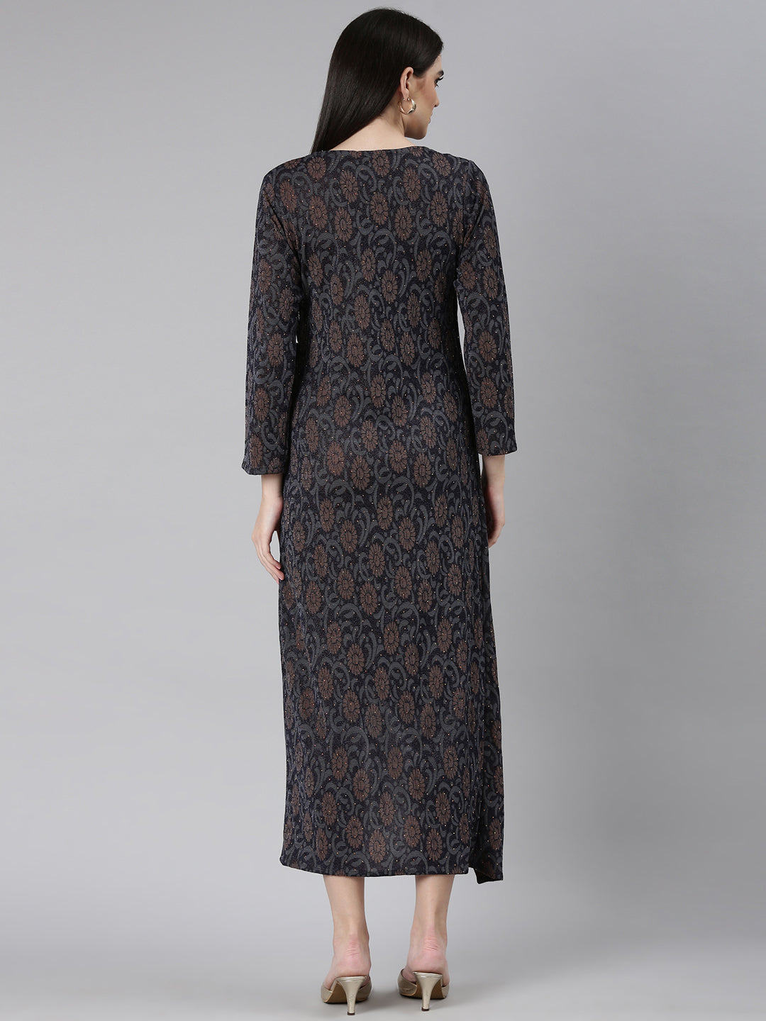 Women's Navy Blue Ethnic Motifs Print Bell Sleeves Dress