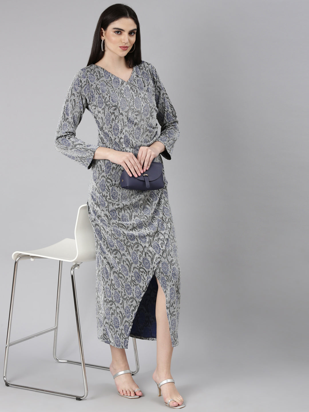 Women's Silver Self Design Sheath Dress