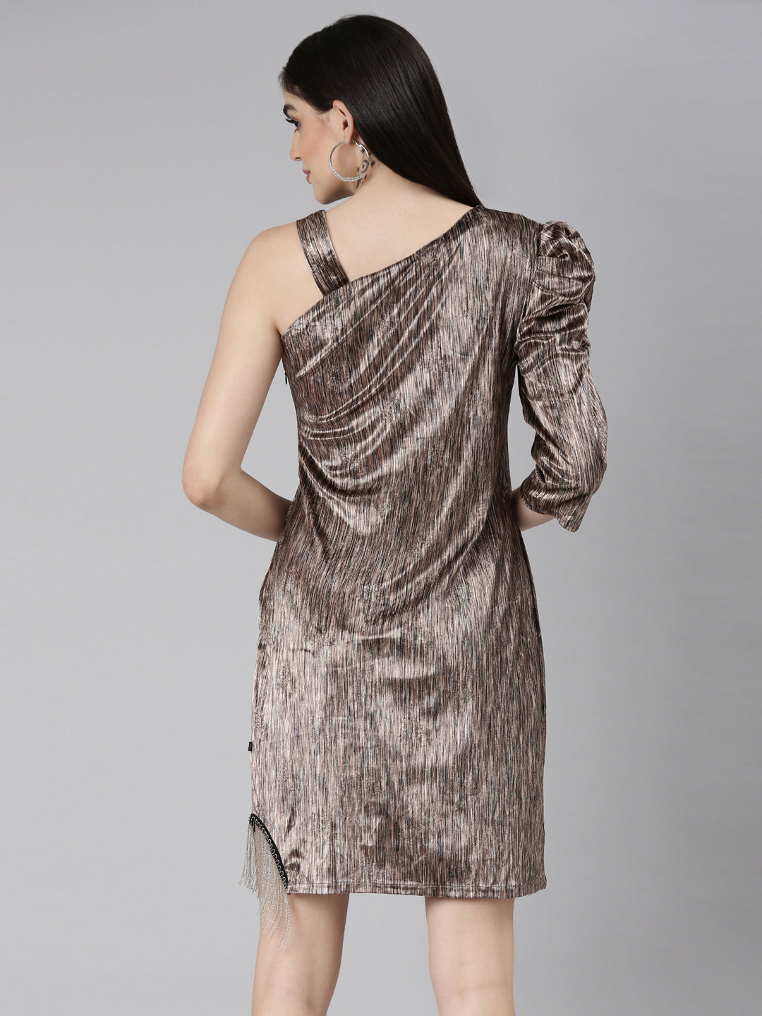 Women's Brown One Shoulder Puff Sleeve Velvet Sheath Dress