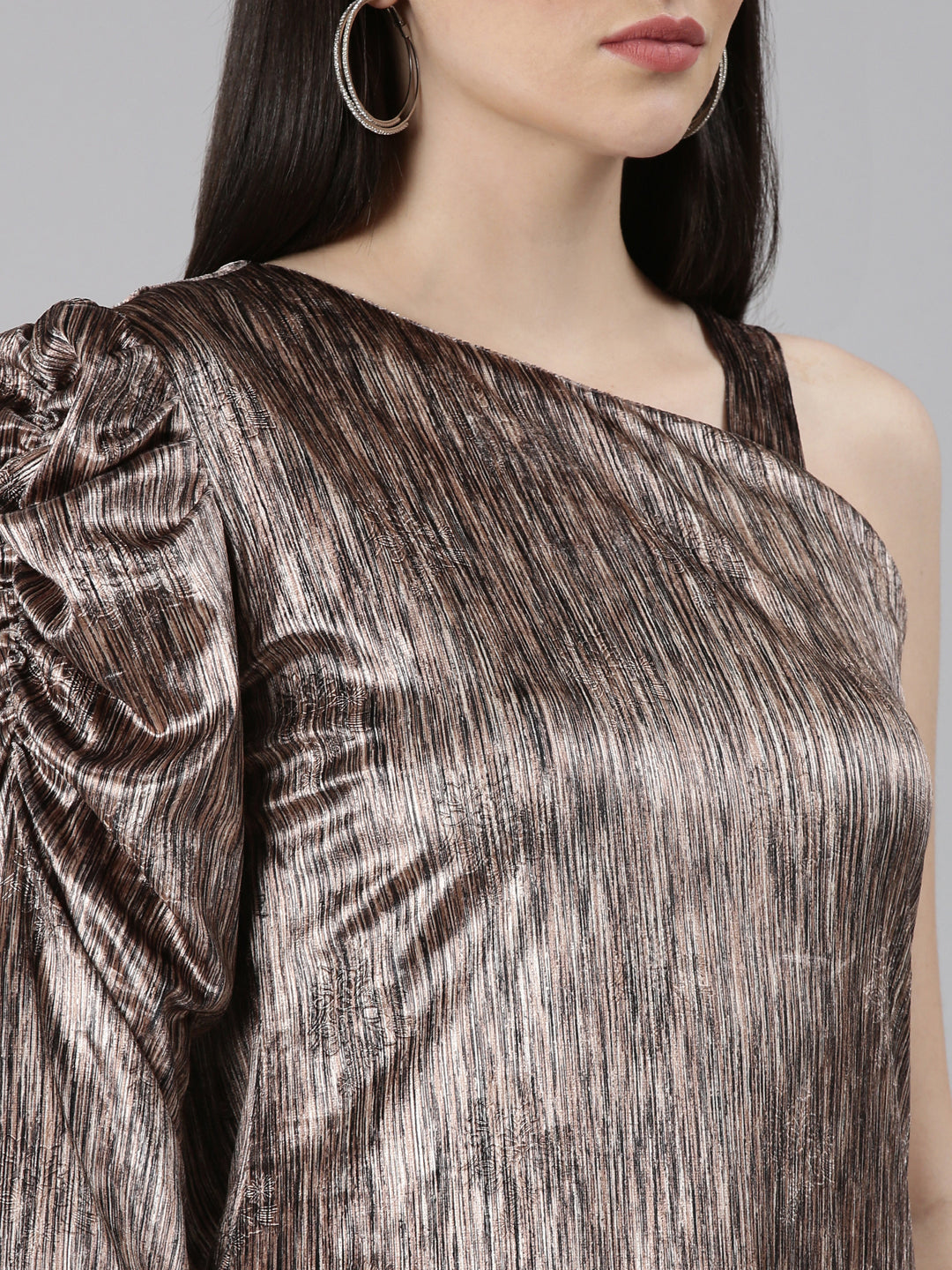 Women's Brown One Shoulder Puff Sleeve Velvet Sheath Dress