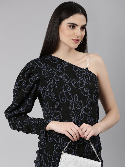 Women's Black Self Design One Shoulder Puff Sleeve Sheath Dress