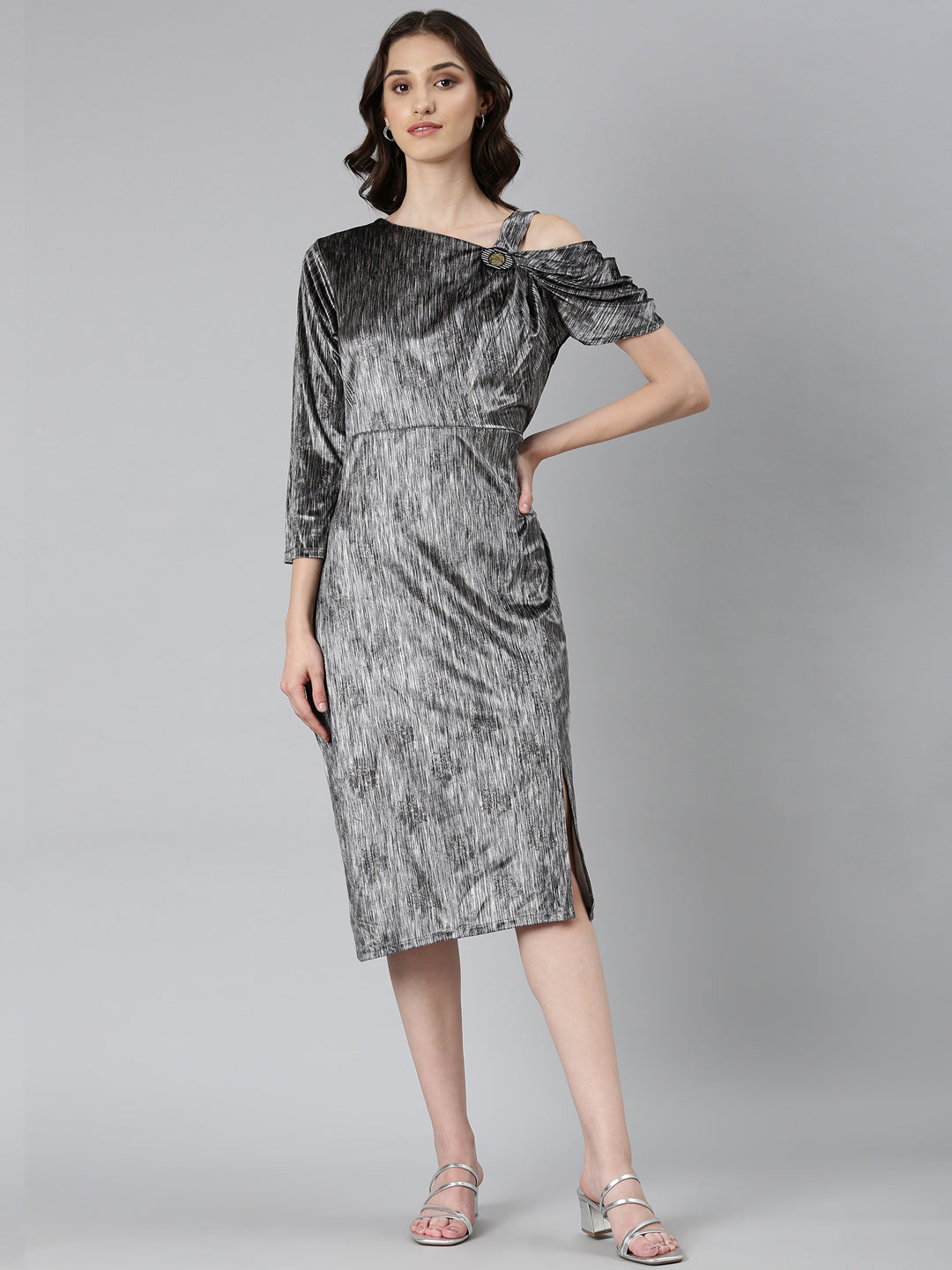 Women's Grey Asymmetric Neck Velvet Fit and Flare Midi Dress