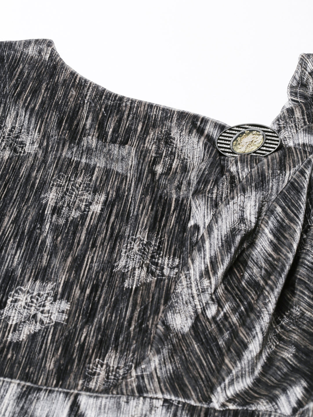 Women's Grey Asymmetric Neck Velvet Fit and Flare Midi Dress