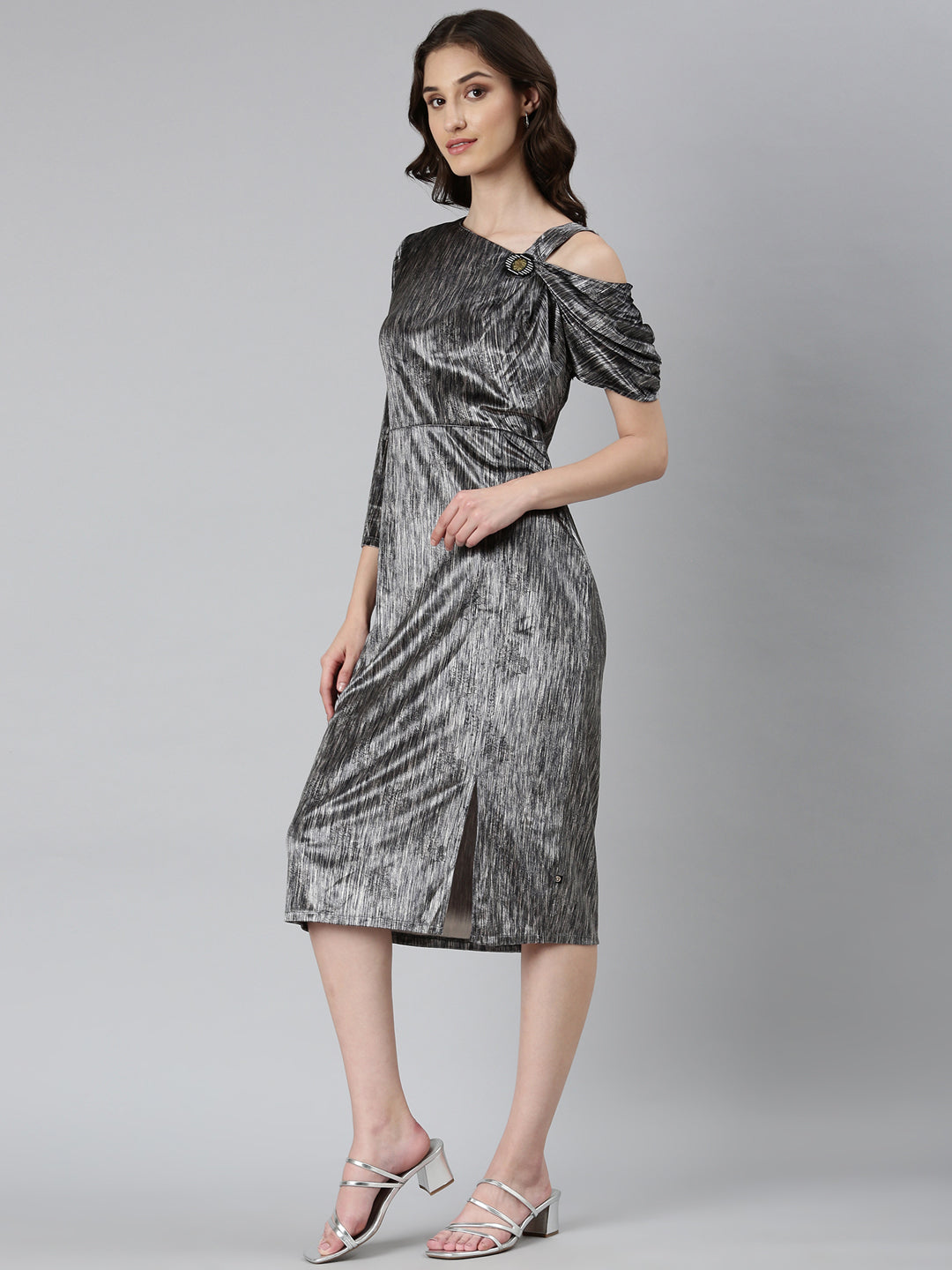Women's Grey Asymmetric Neck Velvet Fit and Flare Midi Dress