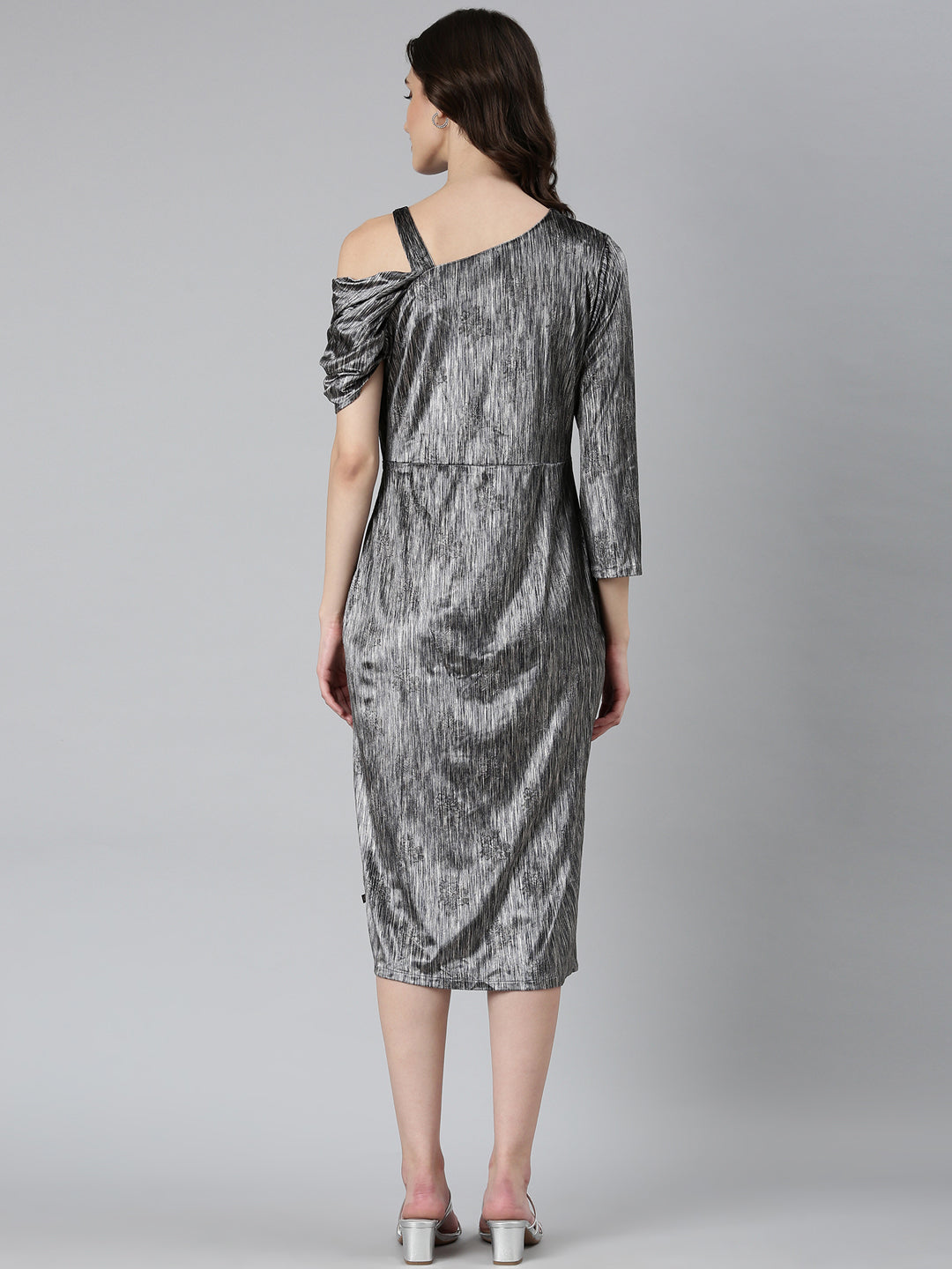 Women's Grey Asymmetric Neck Velvet Fit and Flare Midi Dress
