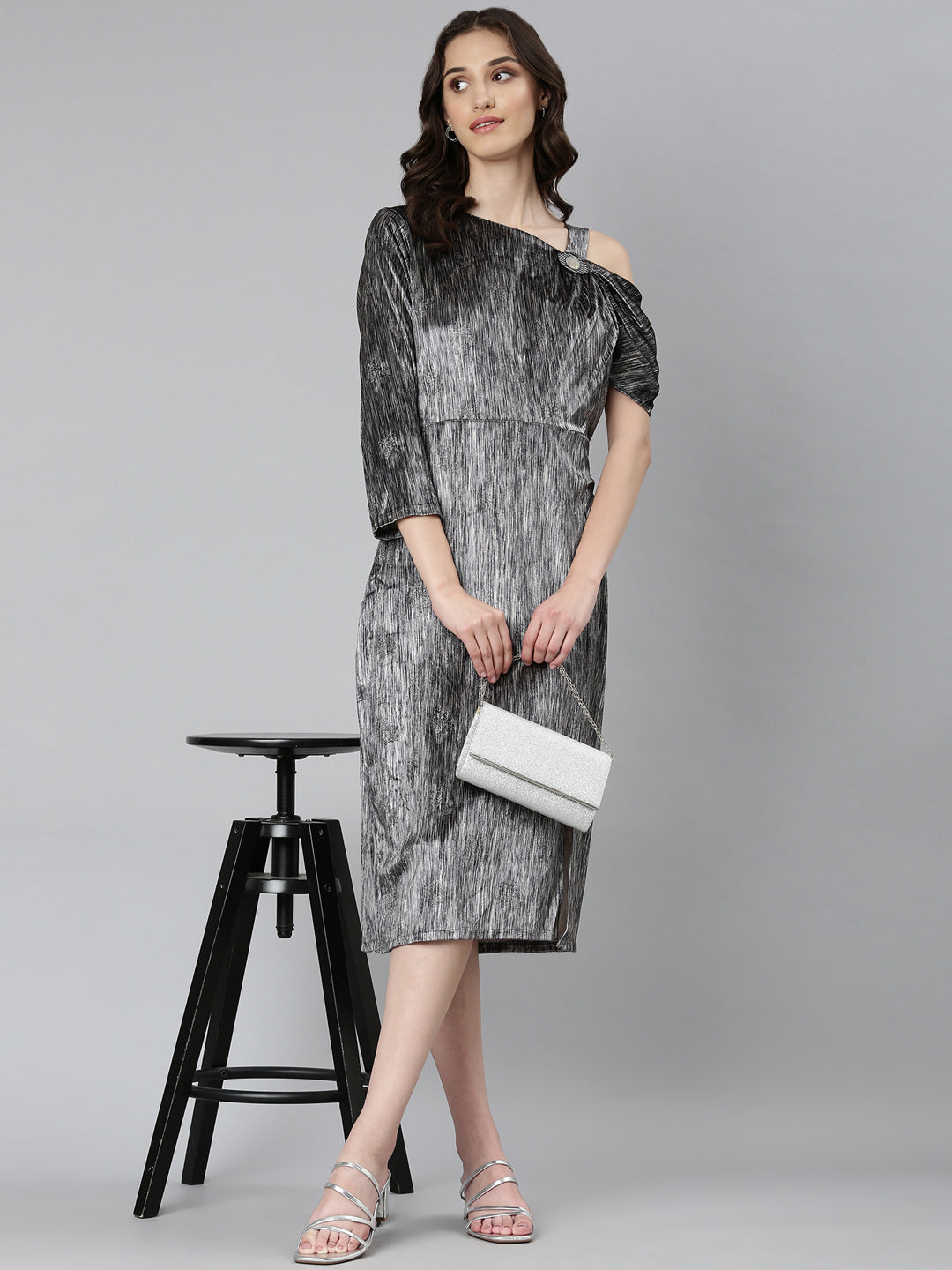 Women's Grey Asymmetric Neck Velvet Fit and Flare Midi Dress