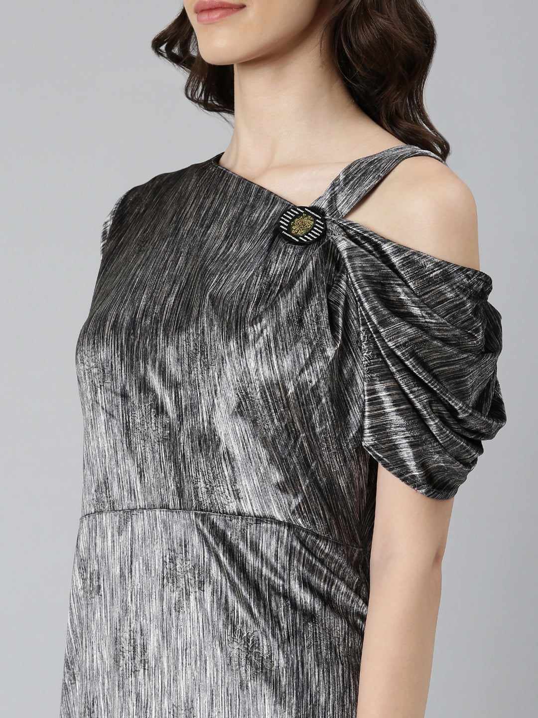 Women's Grey Asymmetric Neck Velvet Fit and Flare Midi Dress