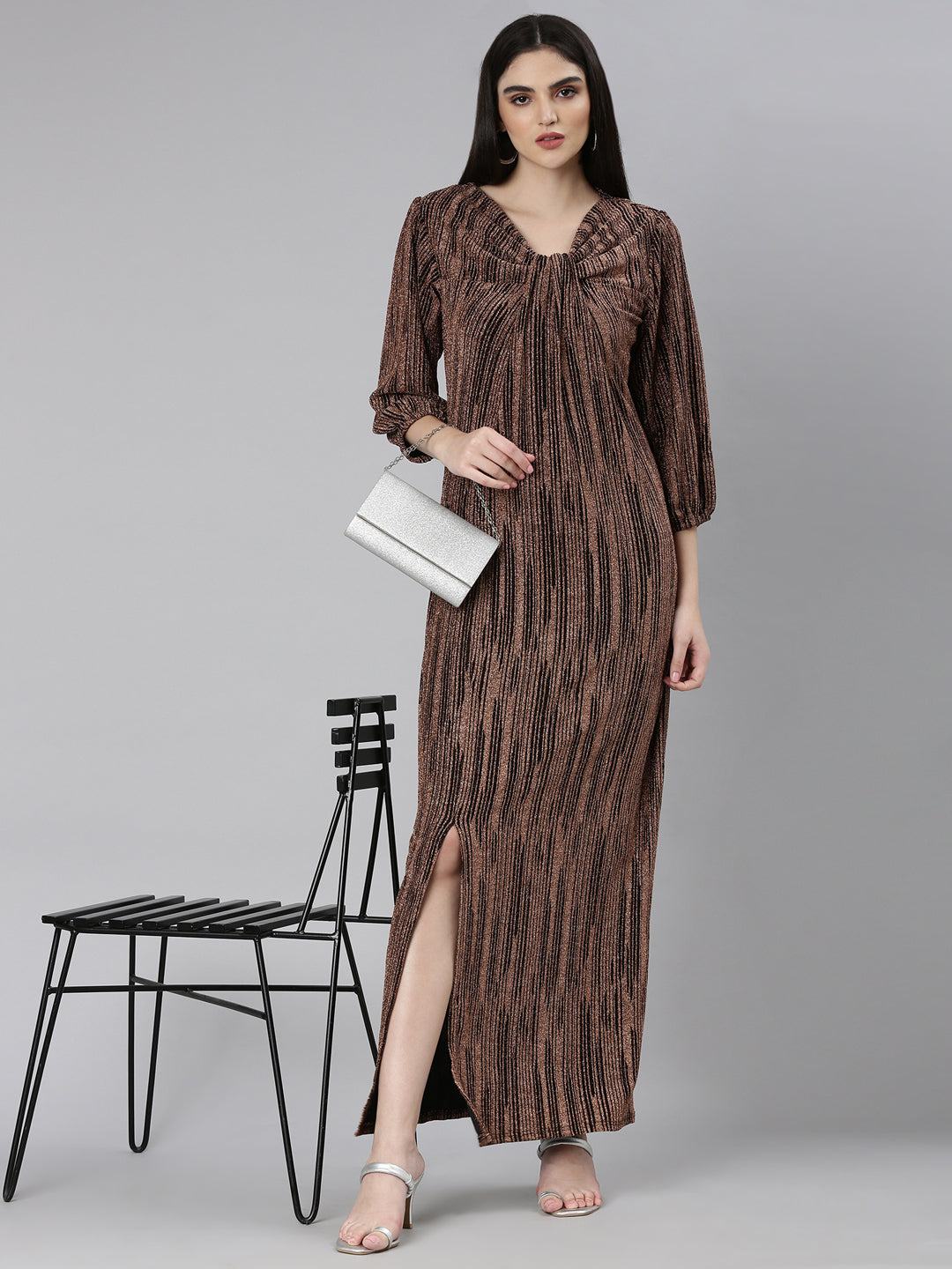 Women's Brown Striped V-Neck Puff Sleeves Bling & Sparkly Detail A-Line Maxi Dress