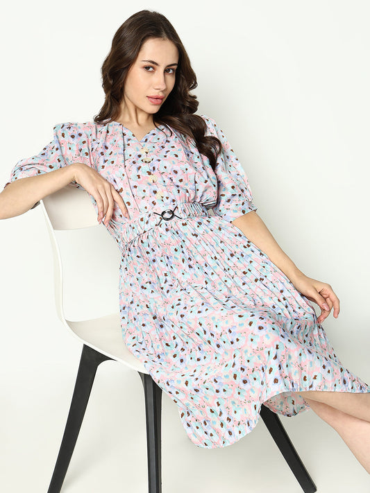 Women's Pink Floral Print Puff Sleeve Fit and Flare Dress