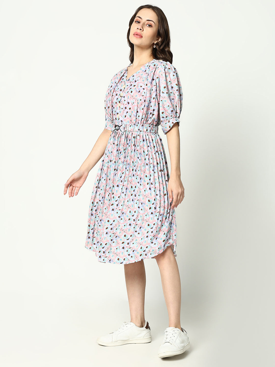 Women's Pink Floral Print Puff Sleeve Fit and Flare Dress