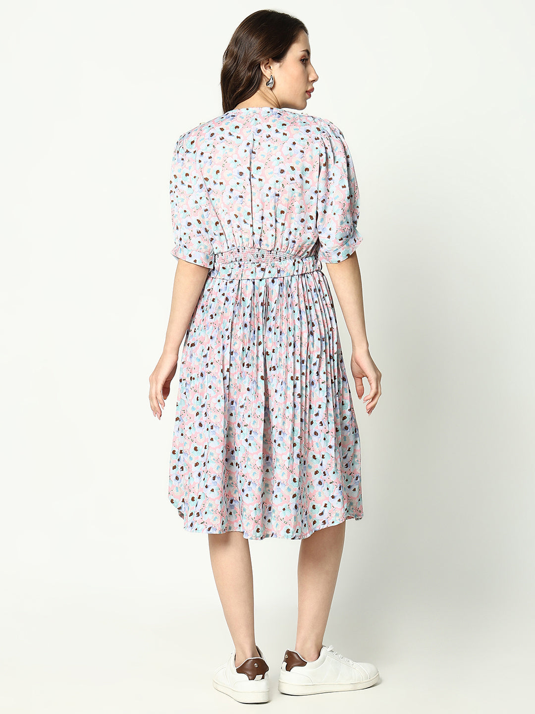 Women's Pink Floral Print Puff Sleeve Fit and Flare Dress