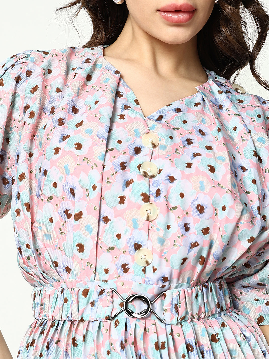 Women's Pink Floral Print Puff Sleeve Fit and Flare Dress