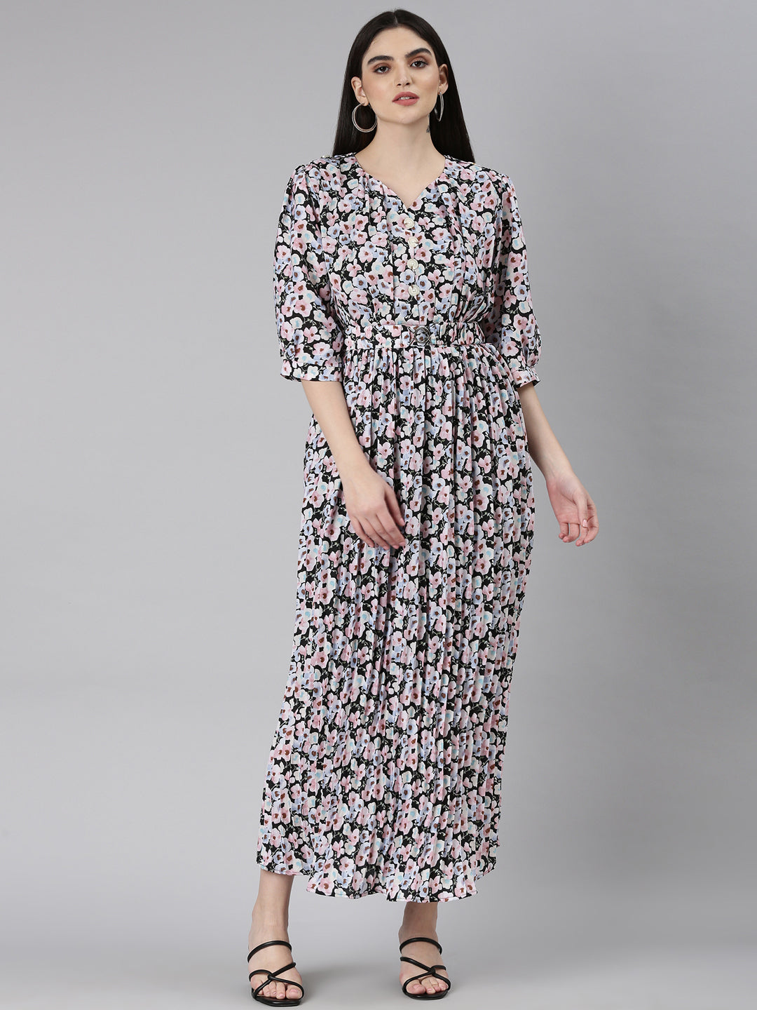 Women's Multi Floral Printed Puff Sleeve Fit & Flare Midi Dress