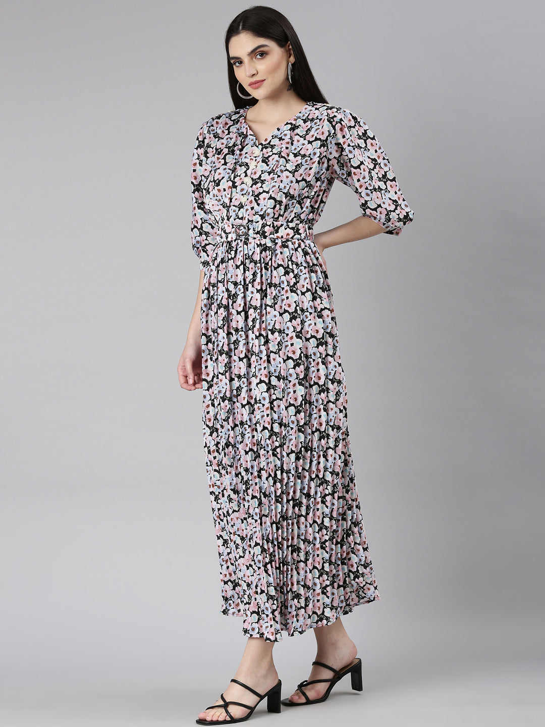 Women's Multi Floral Printed Puff Sleeve Fit & Flare Midi Dress