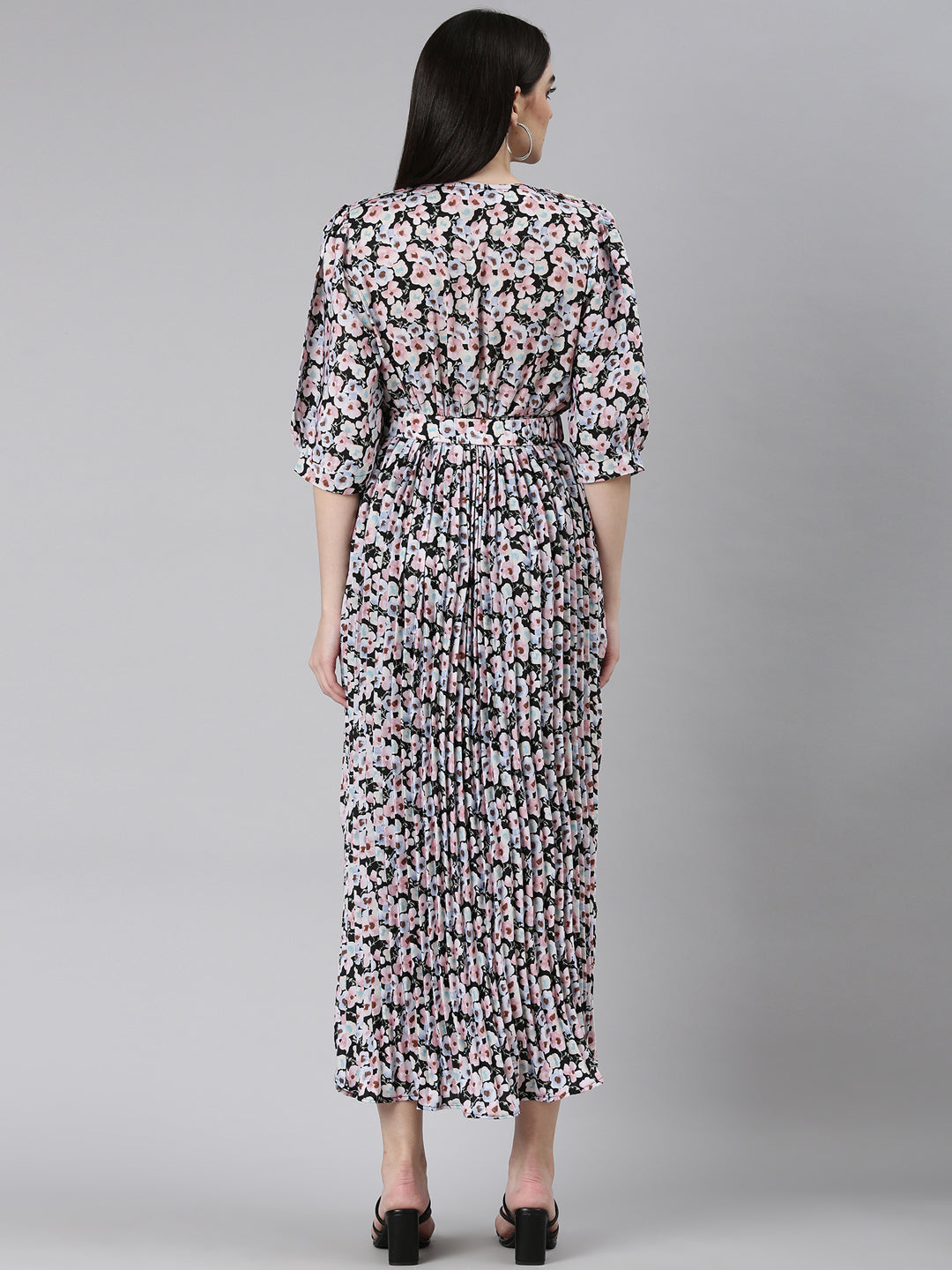 Women's Multi Floral Printed Puff Sleeve Fit & Flare Midi Dress