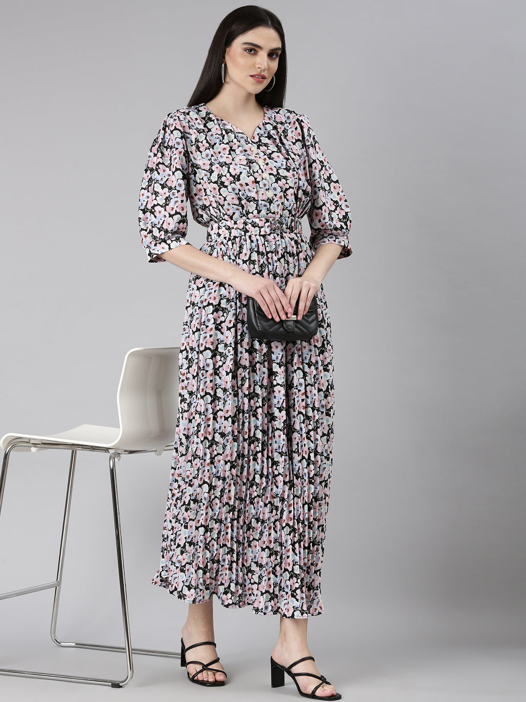 Women's Multi Floral Printed Puff Sleeve Fit & Flare Midi Dress