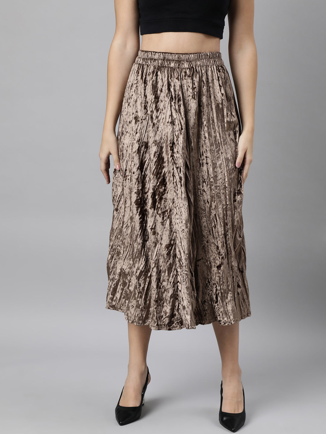 Women's Beige Crushed Design Flared Midi Skirt