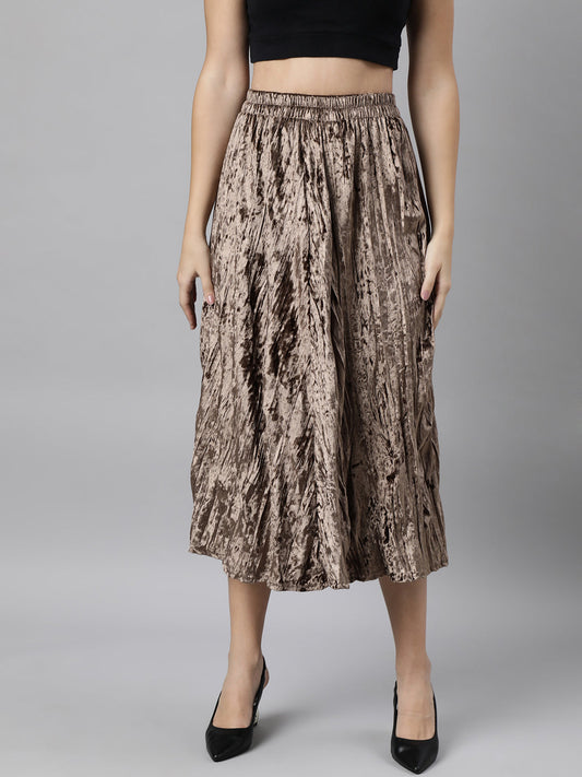 Women's Beige Crushed Design Flared Midi Skirt