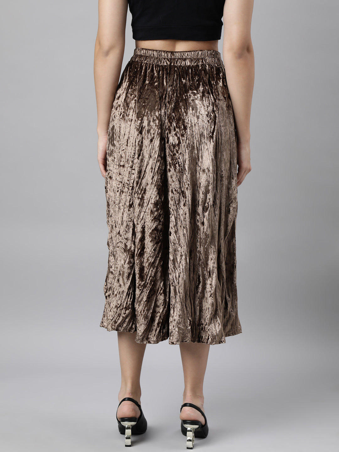 Women's Beige Crushed Design Flared Midi Skirt