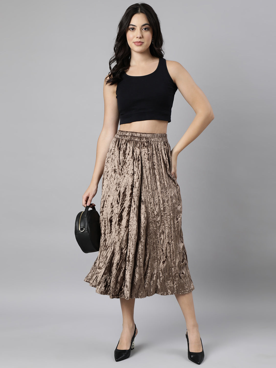 Women's Beige Crushed Design Flared Midi Skirt