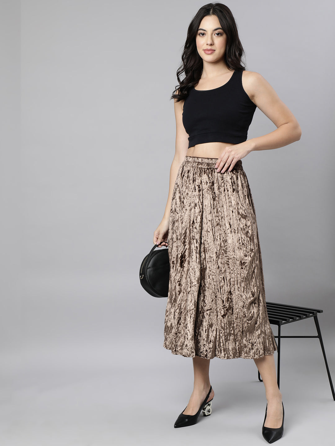 Women's Beige Crushed Design Flared Midi Skirt