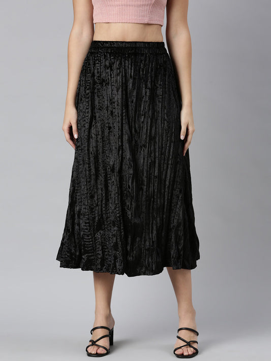 Women's Black Flared Midi Skirt