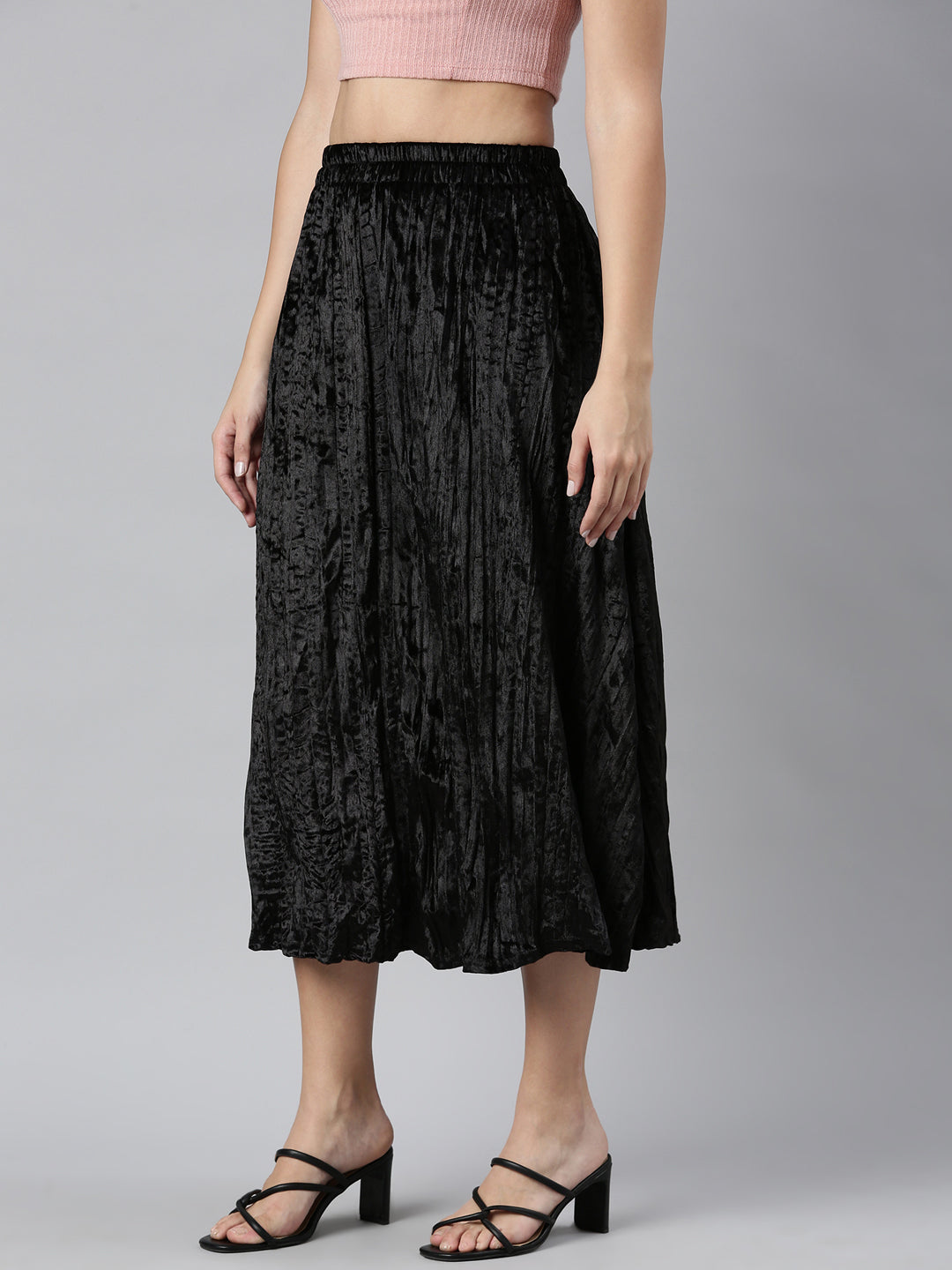 Women's Black Flared Midi Skirt