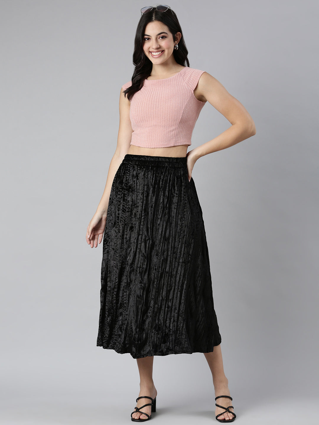 Women's Black Flared Midi Skirt