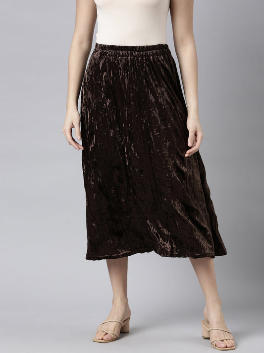 Women's Brown Flared Midi Length Skirt