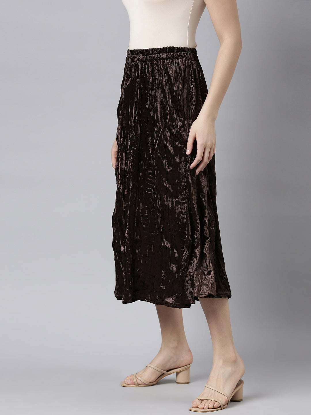 Women's Brown Flared Midi Length Skirt