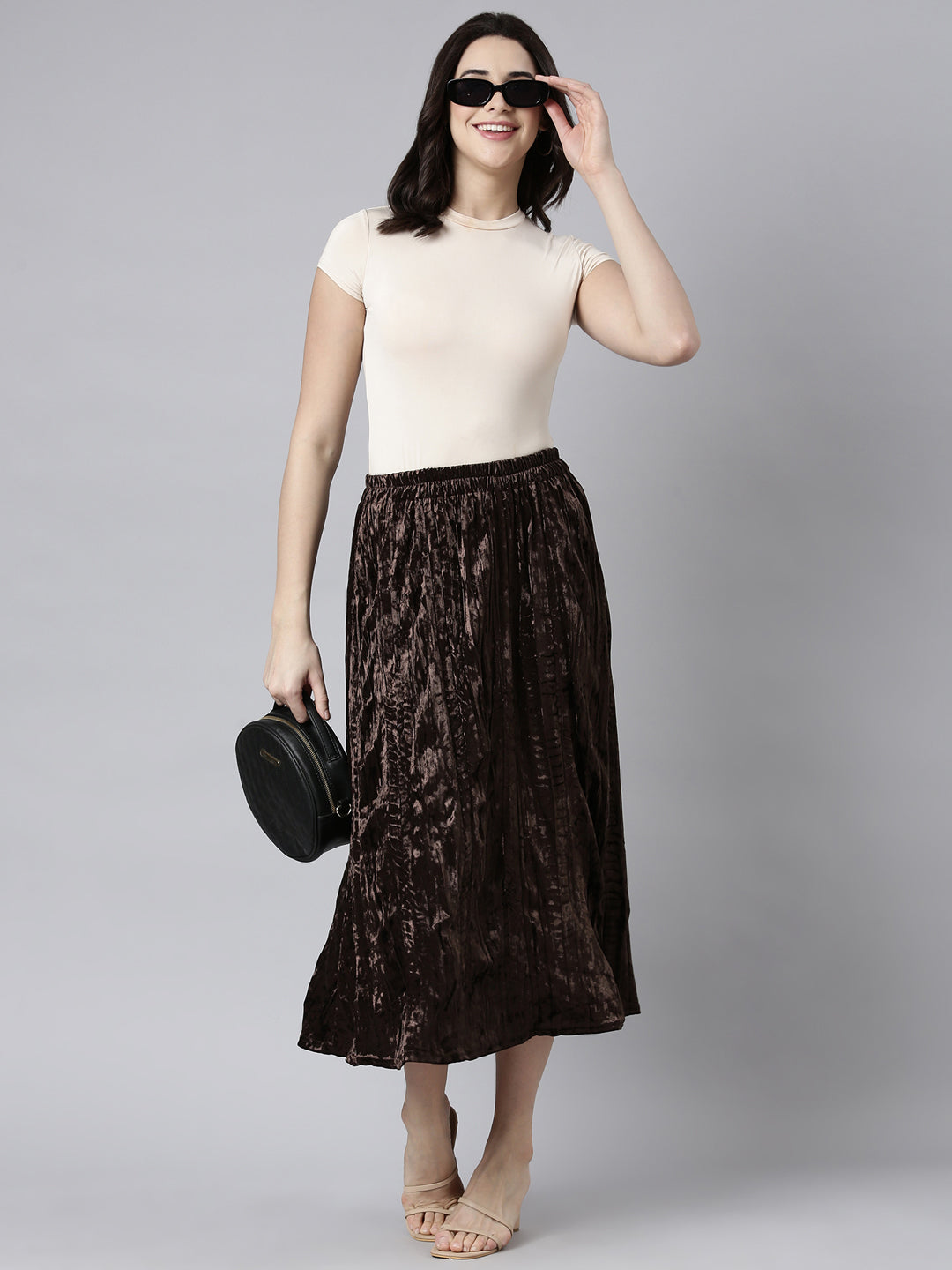 Women's Brown Flared Midi Length Skirt