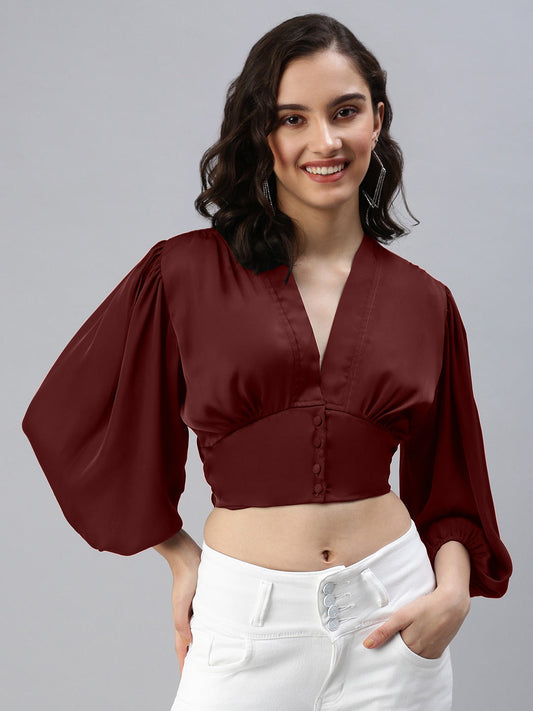 Women's Solid V-Neck Maroon Crop Top